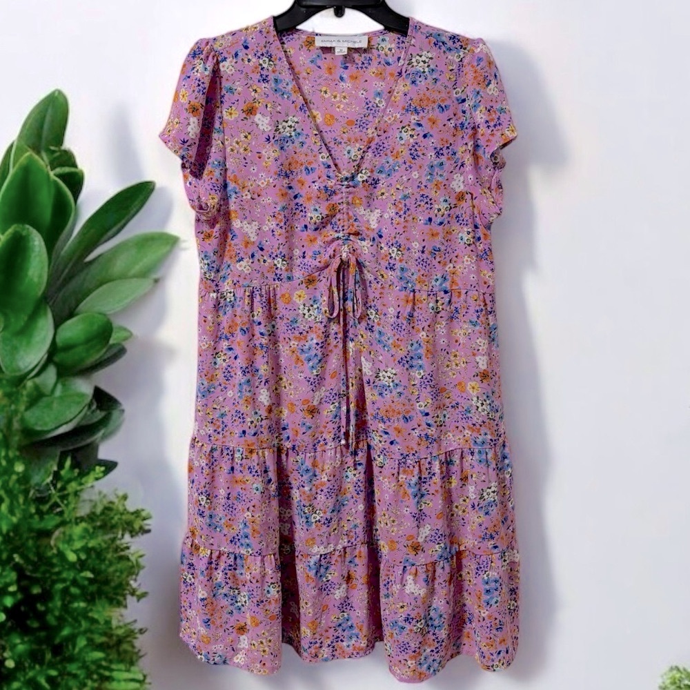 EMMA & MICHELE (M) Floral Babydoll Dress Pink Orange Blue Tiered Cap Sleeves - M